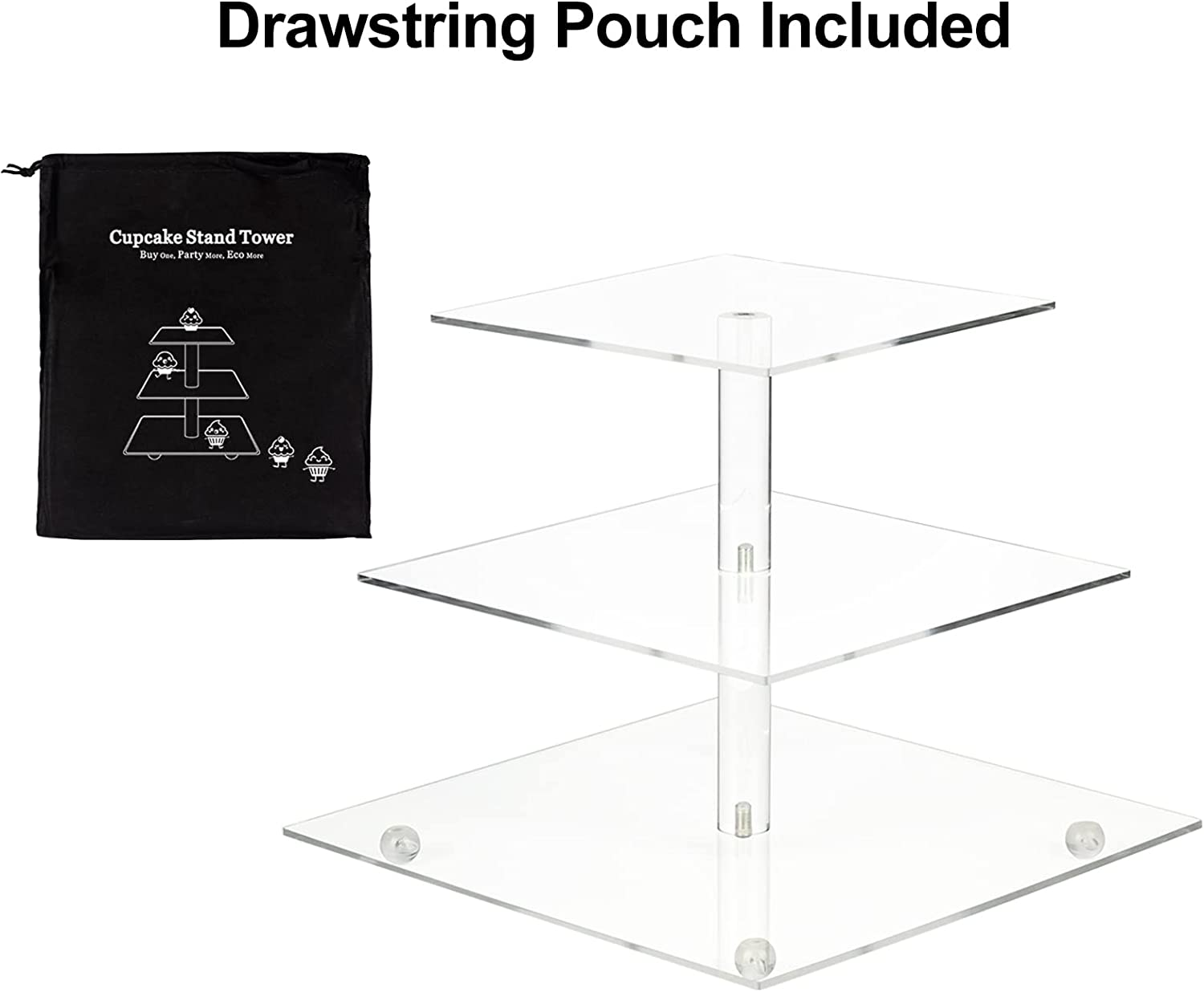 AMEITECH Cupcake Stand with Base, 3-Tier Square Acrylic Cupcake Display Stand Dessert Tower Pastry Stand Premium Cupcake Holder for Wedding Birthday Theme Party- Transparent image number 1