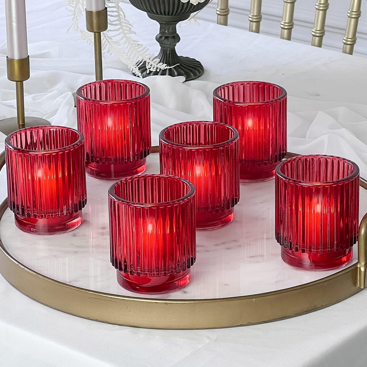Kate Aspen Vintage Ribbed Amber Glass Tealight & Votive Candle Holders (Set of 6), Fall Decor, Boho Decor, Shelf Decoration (27206AB)