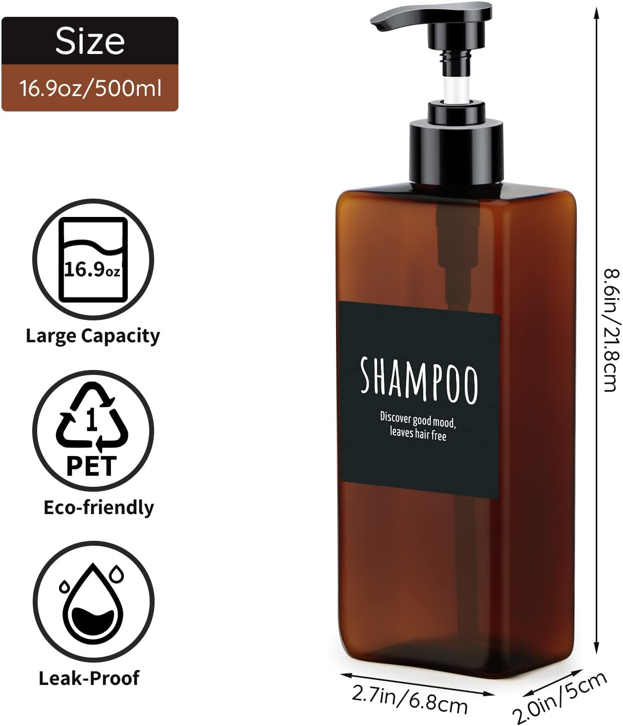 Segbeauty Square Emulsion Bottle, 3Pcs 16.9Oz/500Ml Refillable Cosmetic Pump Dispenser with Labels, Reusable Plastic Lotion Dispenser, Shower Container for Body Soap Conditioner Bathroom Hotel -Amber