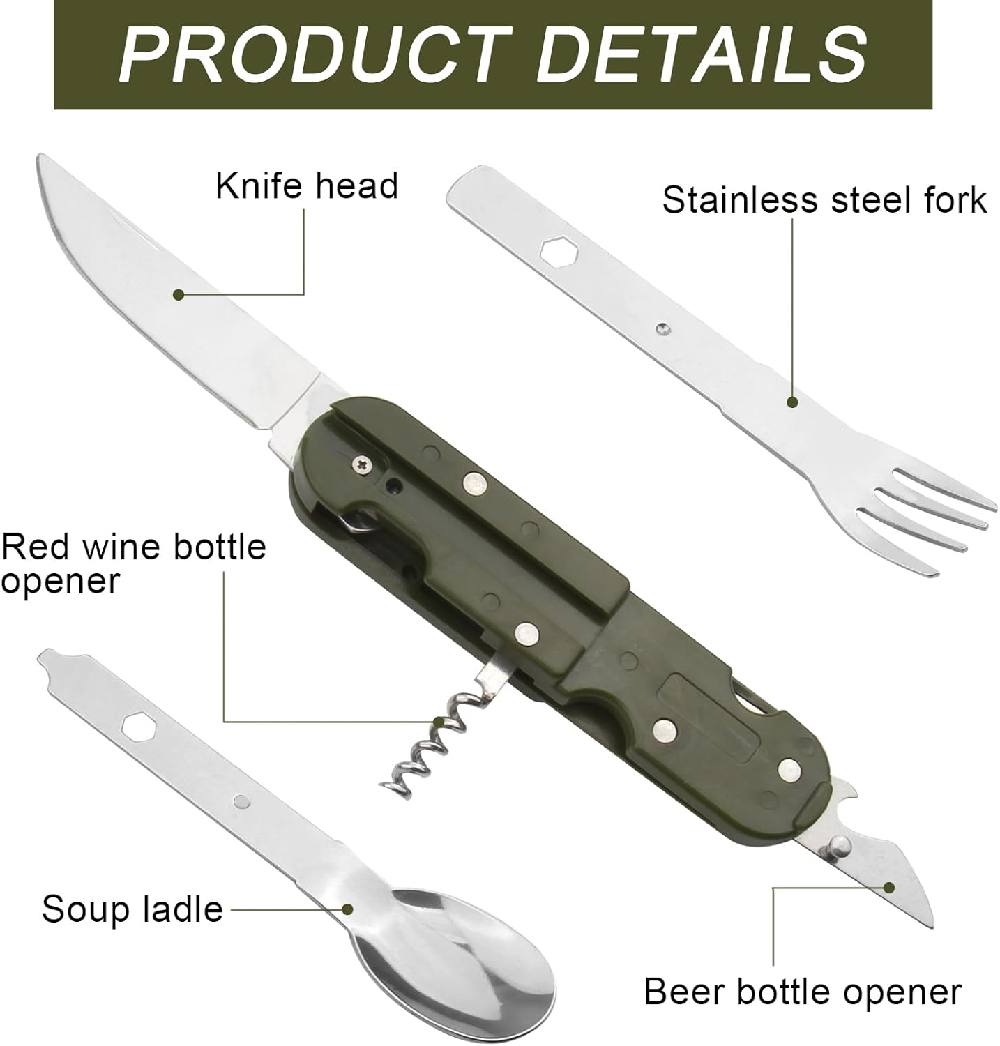 Stainless Steel Cutlery 5 in 1 Folding Cutlery Camping Cutlery Outdoor Cutlery Set with Removable Fork, Spoon, Knife, Bottle Opener, Can Opener and Carry Bag for Camping, Hiking, Picnic and Travel image number 3