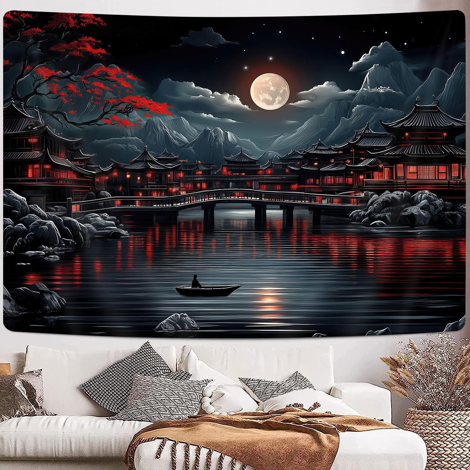 GOAOK Japanese Anime Tapestry, Cool Red and Black Dark Nature Mountain Riverside Full Moon Landscape Aesthetic Tapestry for Men, Asia Japanese Art Tapestries for Bedroom Living Room College, 60"X40" image number 1