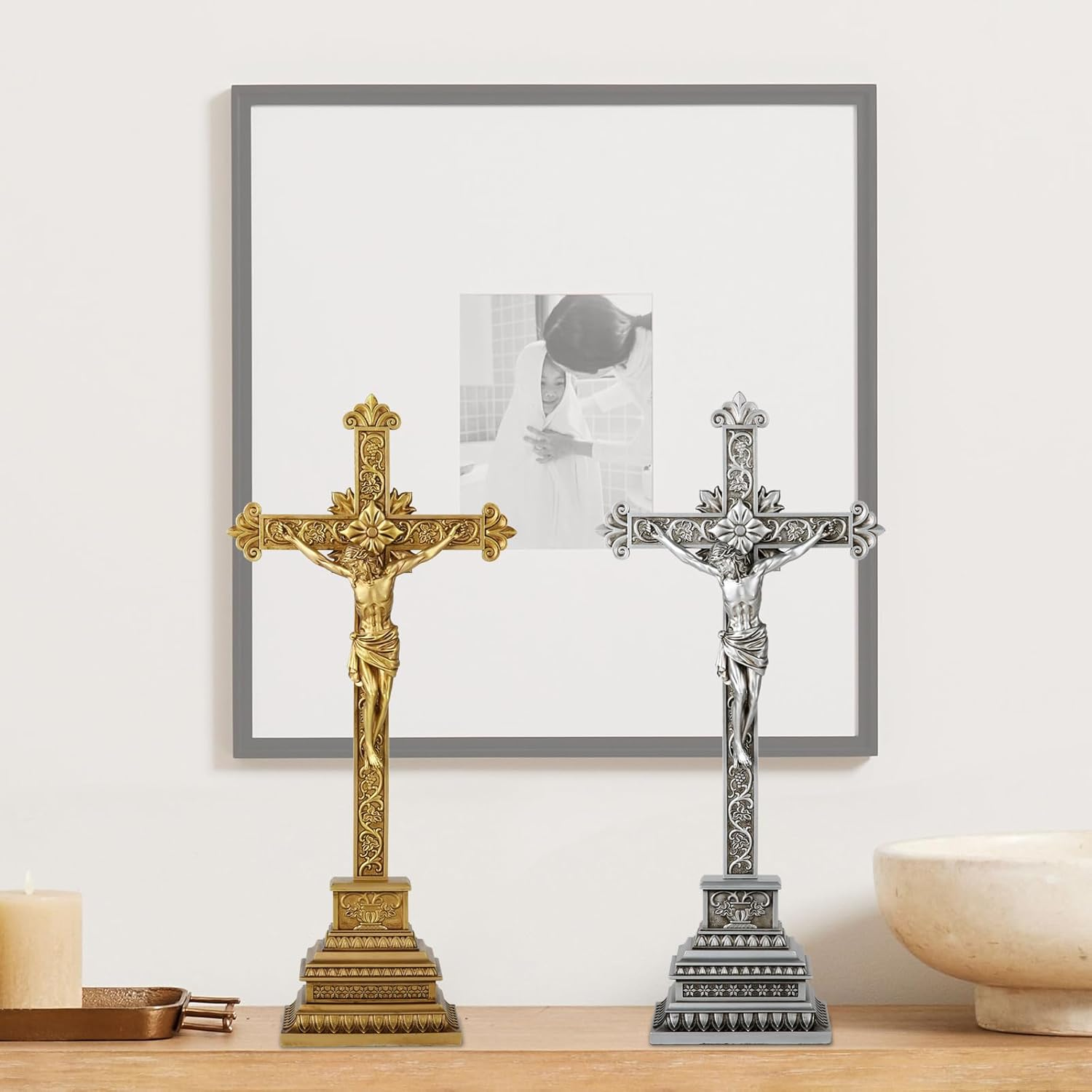 Standing Crucifix - 16 Inch Jesus Cross with Base for Home Table Decor, Silver Crucifix Standing Cross Catholic Wedding Altar Religious Gifts image number 4