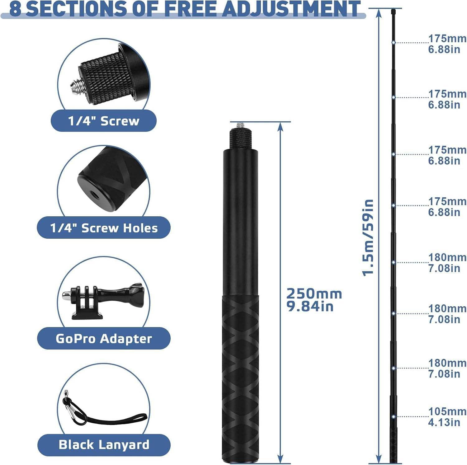 Selfie Stick for Insta360 & Gopro,150Cm Meatl Extendable Pole with Invisible Magic Arm, Gopro Adapter & Wrist Strap for DJI Osmo/Action Cameras, Ultra Light (205G), for Surfing, Vlogging image number 3