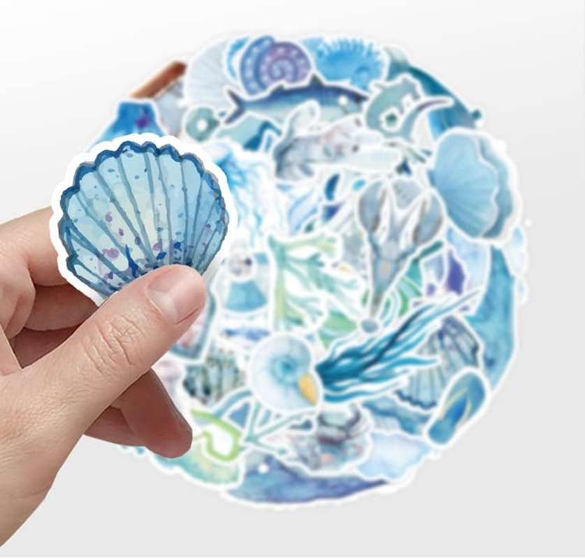 Watercolor Ocean Animal Stickers, 50 Pcs Cute Ocean Sea Life Stickers for Water Bottle Laptop Luggage Computer Phone Guitar Scrapbook, Blue Marine Life Vinyl Decals for Kids Teens Girls Adults image number 2
