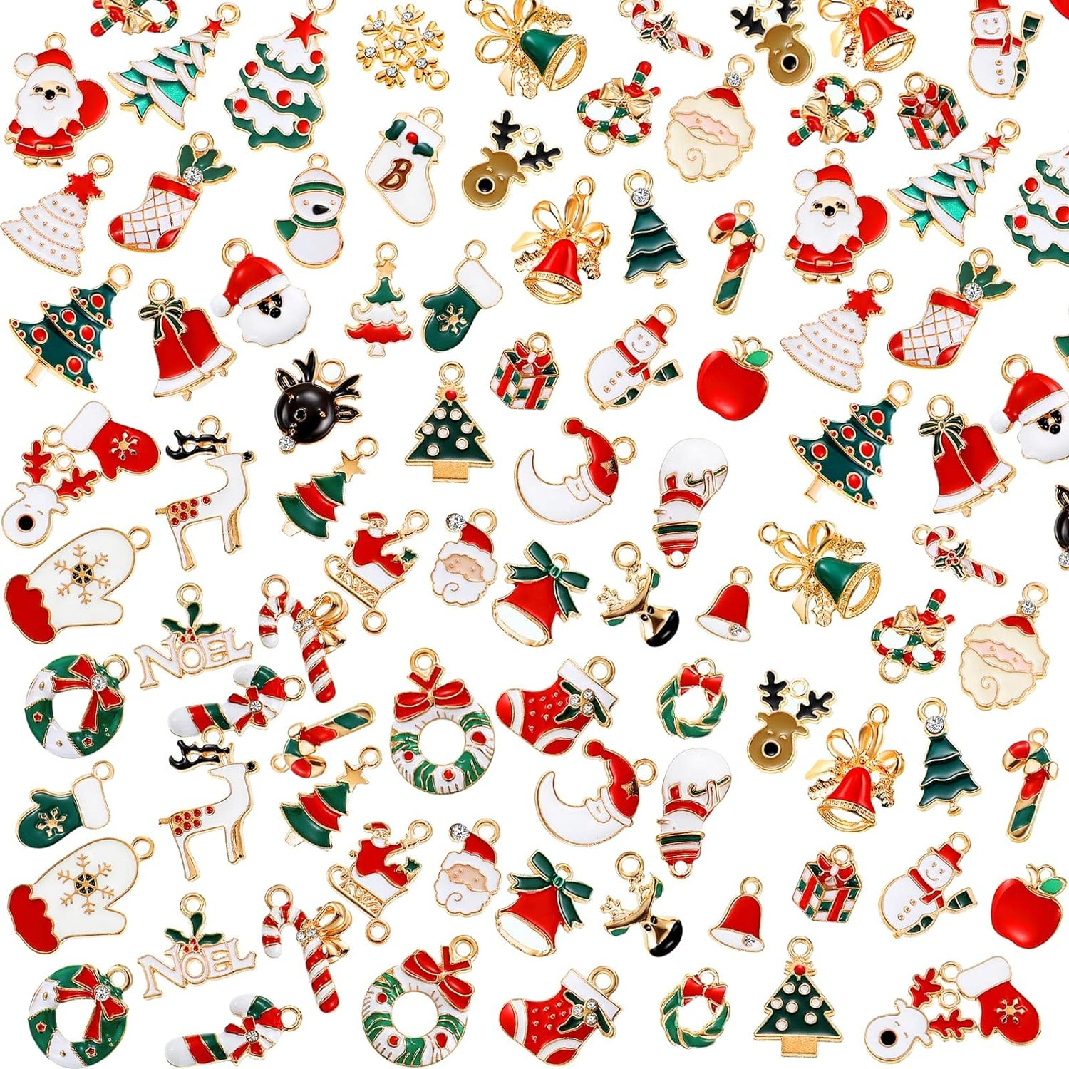100 Pcs Mini Christmas Charms for Jewelry Making DIY Bulk Assorted Gold Alloy Santa Claus Snowman Reindeer Christmas Pendant for Xmas Earrings Bracelet Necklace Keychain Craft DIY Making Supply Decor