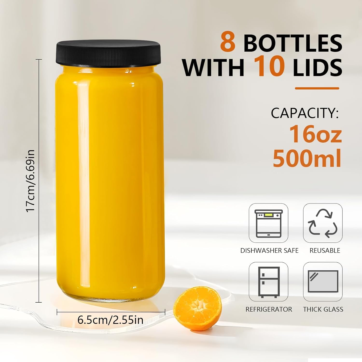 8 Pack Glass Juice Bottles, 16Oz Glass Bottles with Lids and Straws, 500Ml Smoothie Bottle, Reusable Drinking Jars Glasses for Water Milk Beverage Juice Container for Fridge Office Ggm image number 2