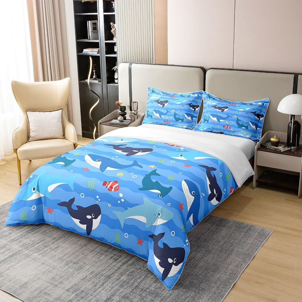 Ocean Life 100% Cotton Duvet Cover 155 X 220, Cartoon Shark Whale Bed Linen, Colourful Underwater World Comforter Cover, Abstract Geometric Sea Wave Quilt Cover, Starfish Sea Animals Bed Linen, Blue image number 2