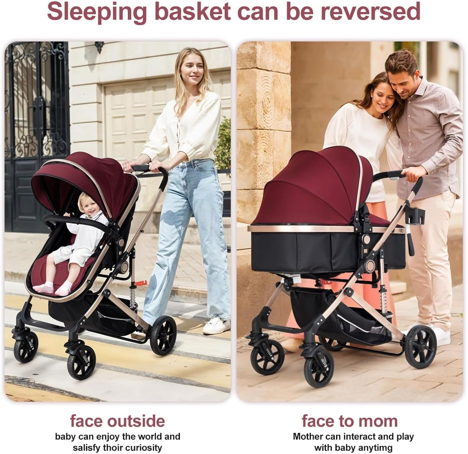 3-In-1 Baby Stroller Pram & Bassinet | Travel Pram with Shock Absorption, Reversible Seat & One-Hand Fold | High View, 5-Point Harness & 50KG Capacity | Wine Red Canopy with UPF 50+ image number 6