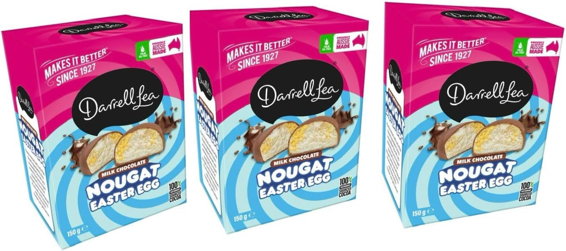 Darrell Lea Nougat Easter Egg, Milk Chocolate Coated, 3-Pack Gift Box, 450G image number 1