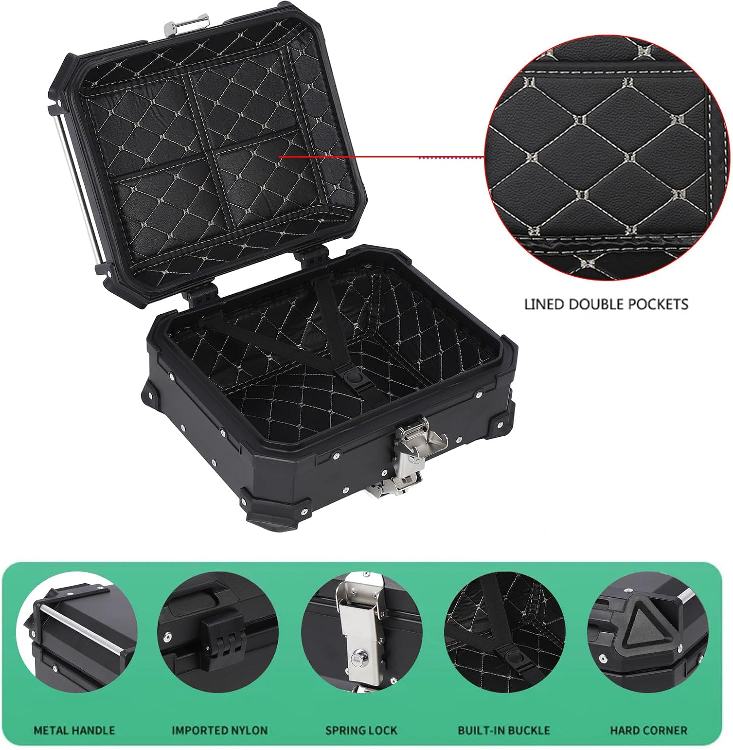25L Motorcycle Top Case Tail Box, Aluminum Alloy Water Proof Universal Trunk Storage Case, Motorbike Rear Top Box with Safety Lock & Shockproof Lining (Black) - Silver image number 4
