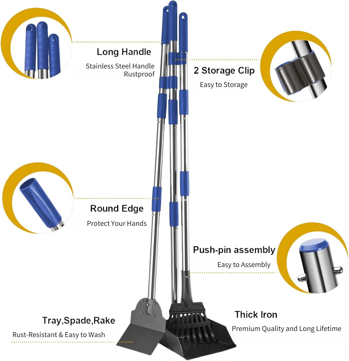 Dog Poop Scooper Set, Pet Poop Pick up Scooper, 3 Pcs Adjustable Long Handle with Metal Tray, Rake and Spade for Pet Waste Removal, No Bending Clean up Dirt, Gravel, Lawns, Grass image number 2