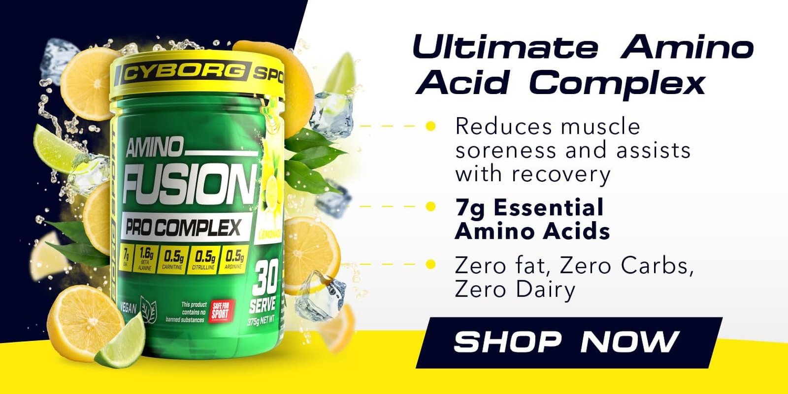 CYBORG SPORT- AMINO FUSION - Lemonade Flavour - 30 Serves -10.1G Amino Acids per Serve - Intra-Workout Blend : EAA BCAA | Beta Alanine | Carnitine | L-Citrulline | Arginine - Performance and Recovery