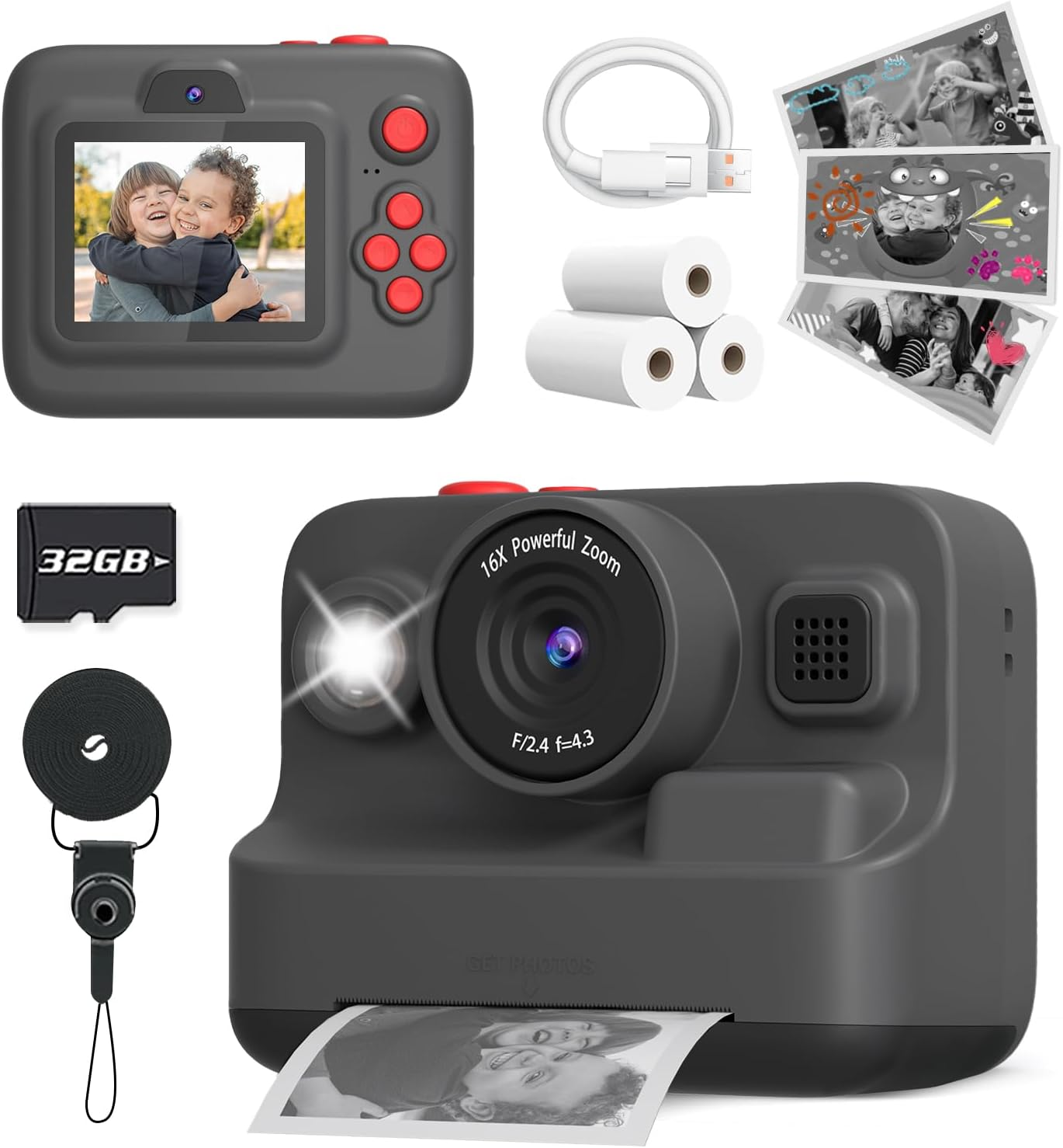 Kids Camera Instant Print, Christmas & Birthday Gifts for 3-12 Year Old Boys & Girls, 2.4In Screen 1080P Digital Camera with 3 Rolls Print Paper & 32G Card image number 3