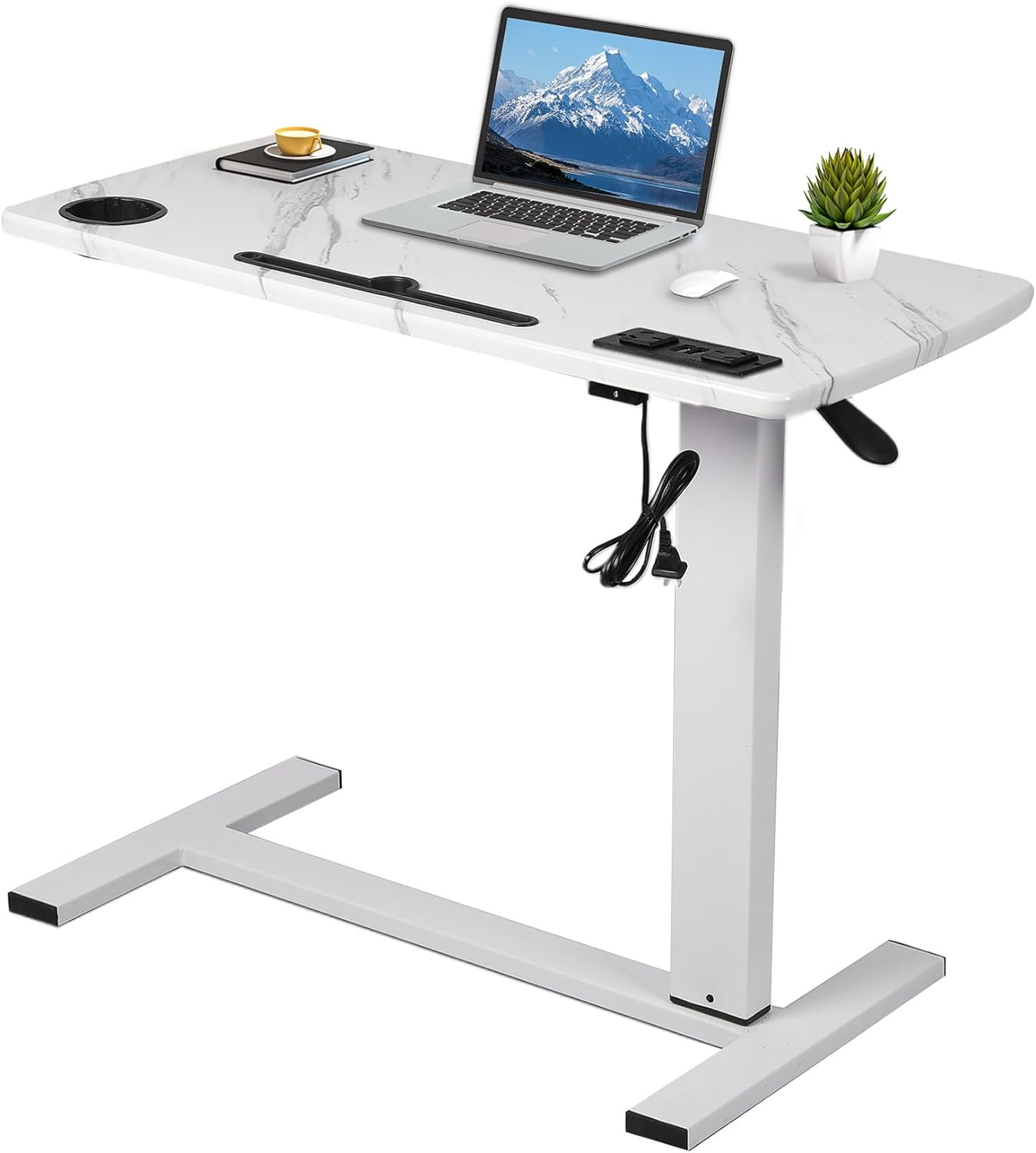 LEVEDE Mobile Standing Desk with USB Charge, Rolling Laptop Cart Height Adjustable, Gas Lift Bedside Table, Sit to Stand Computer Desk with Hidden Wheels Overbed Table for Home,Office,Medical (White)