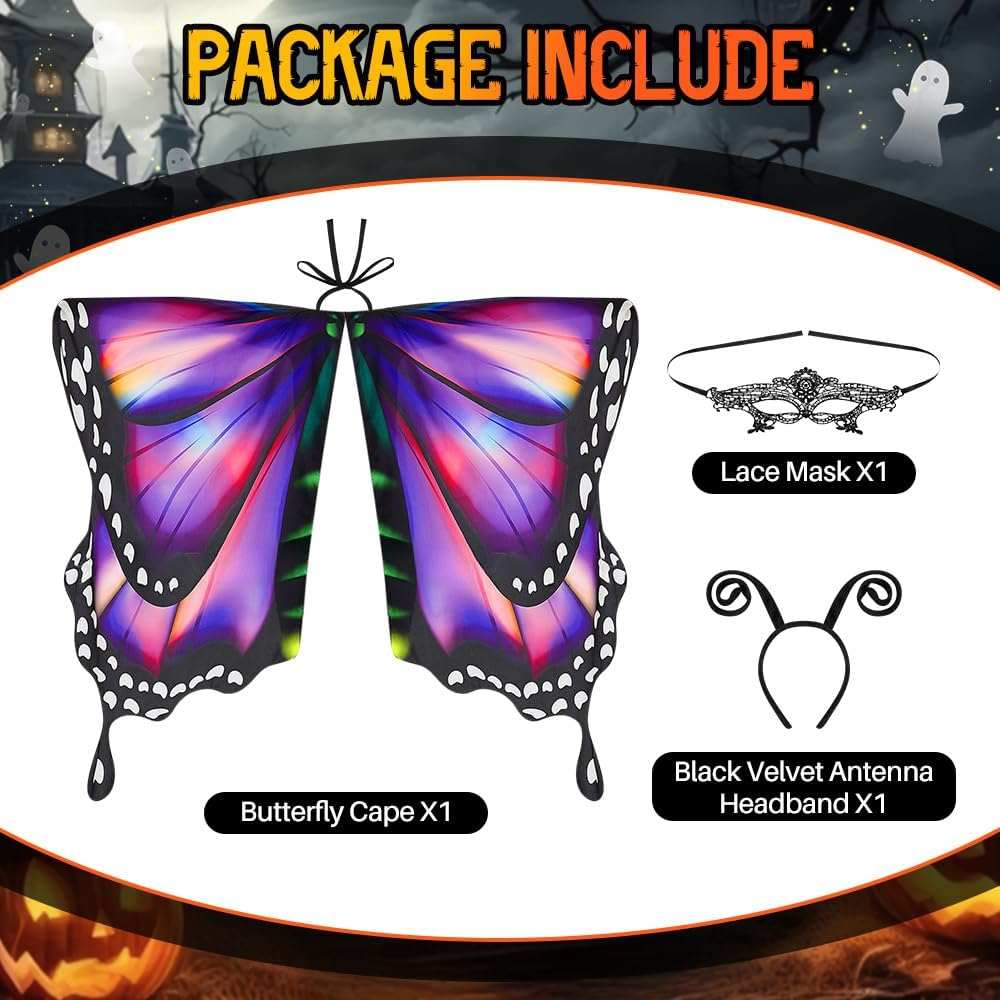 AUTOWT Halloween Butterfly Costume for Women, Adult Butterfly Wings Shawl with Masquerade Mask & Antenna Headband Kit for Ladies Cosplay Animal Avatar Photo Shoot Dress-Up Party Book Week - Pinkblue image number 3