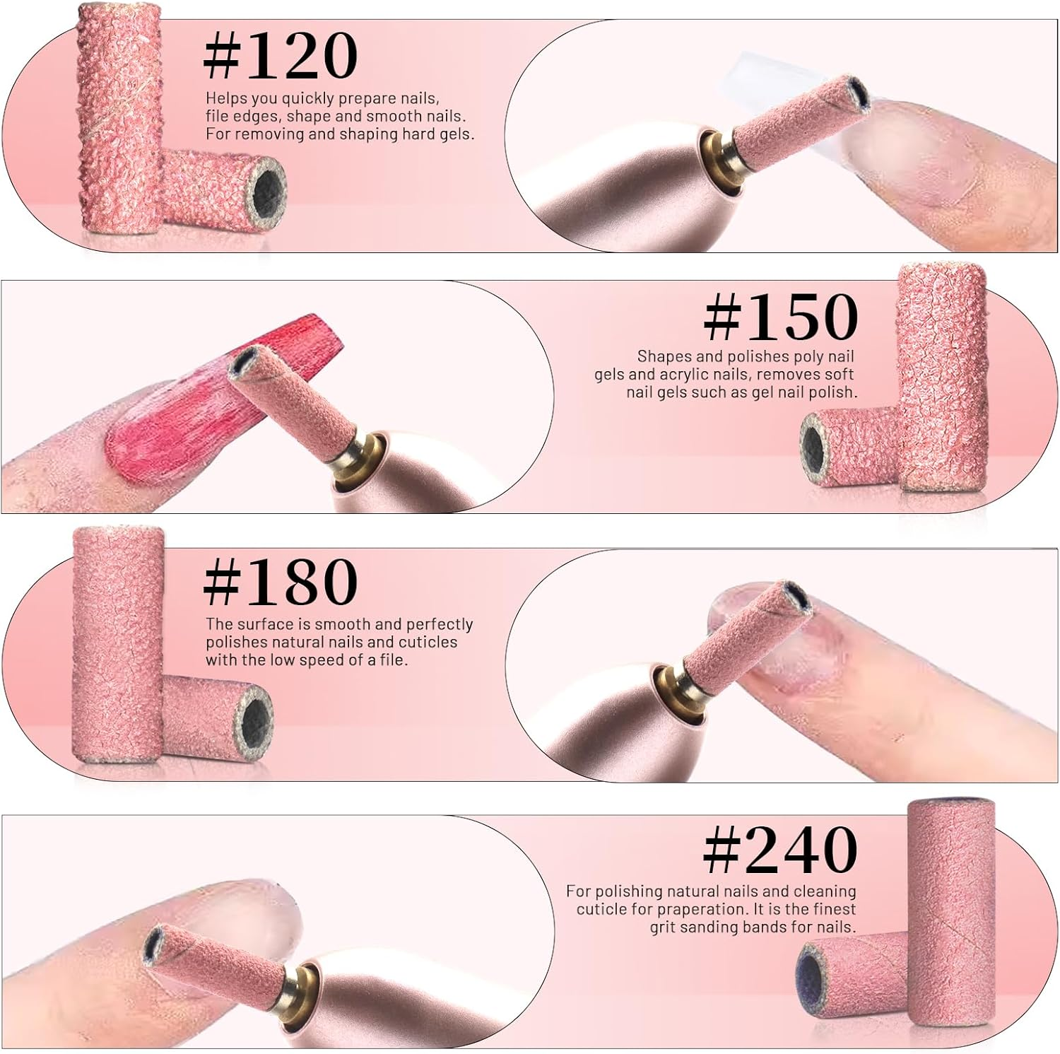 BLESWIN 100Pcs Small Sanding Bands for Nail Drill Bit, 240 Fine Grit with 2Pcs 3Mm Drill Bits, Mini Grit Sanding Bands with Polishing Natural Nails and Cleaning Cuticle for Preparation, Pink image number 3