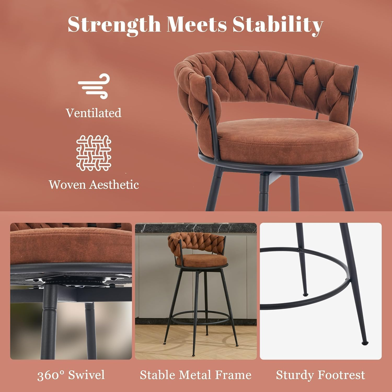 Bar Stools Set of 2, 71Cm Counter Height Swivel Stools with Woven Back & Suede Fabric Seat, 360&deg; Swivel Metal Frame Stools with Footrest for Kitchen Island, Cafe, Pub, Bar, Brown image number 4