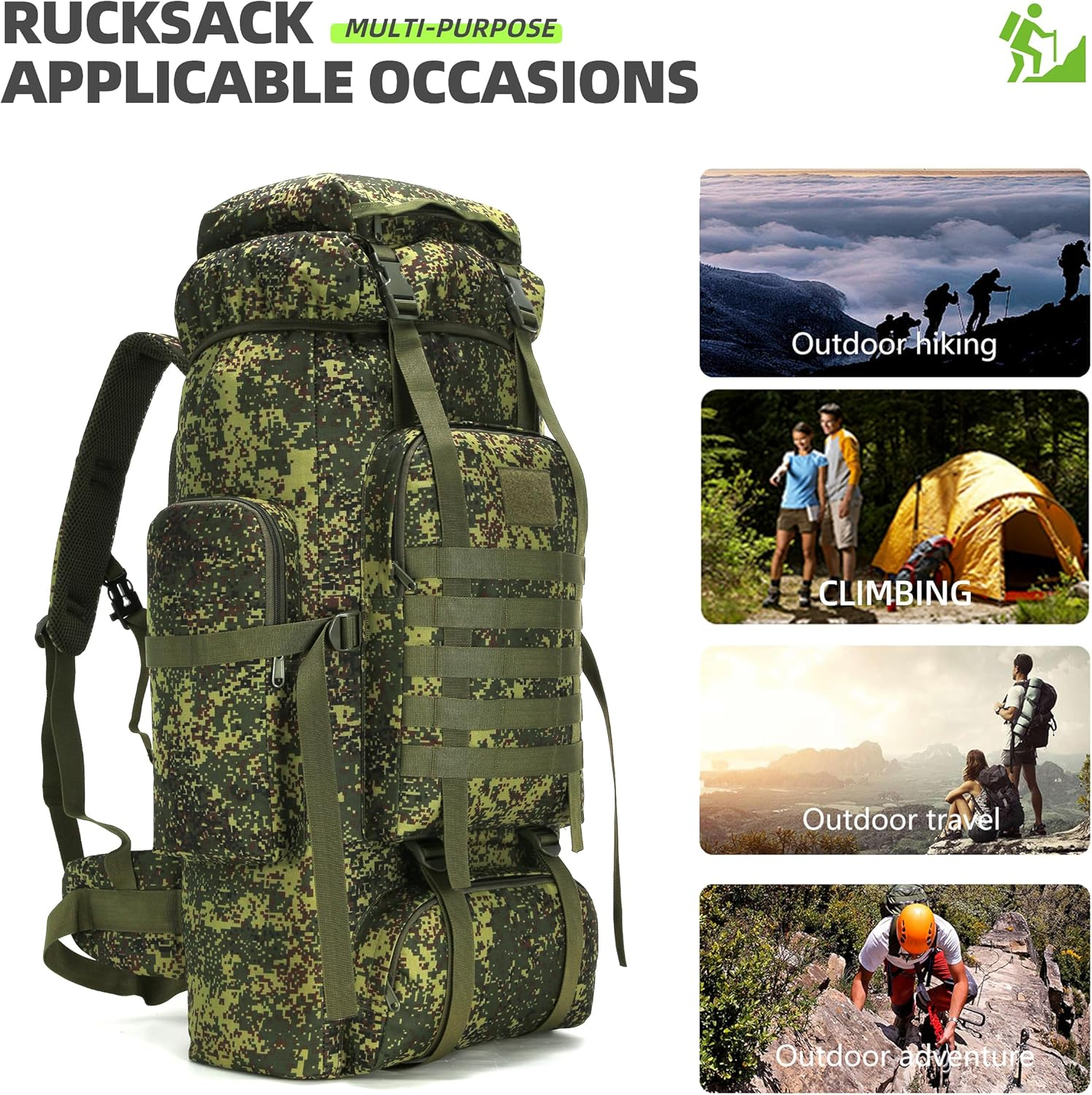 70L Camping Hiking Military Tactical Backpack Outdoor Water-Repellent Adjustable Sport Bags (G-Mapleleaf Camo) image number 2