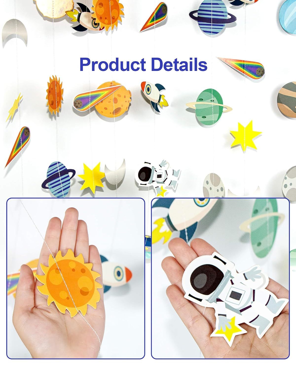 Galaxy Solar System Hanging Paper Garland, Astronauts Rockets Stars Hanging Decoration, Blast off to Outer Space Banner for Kids Bedroom Birthday Party Decor Supplies - Blue,Silver image number 3