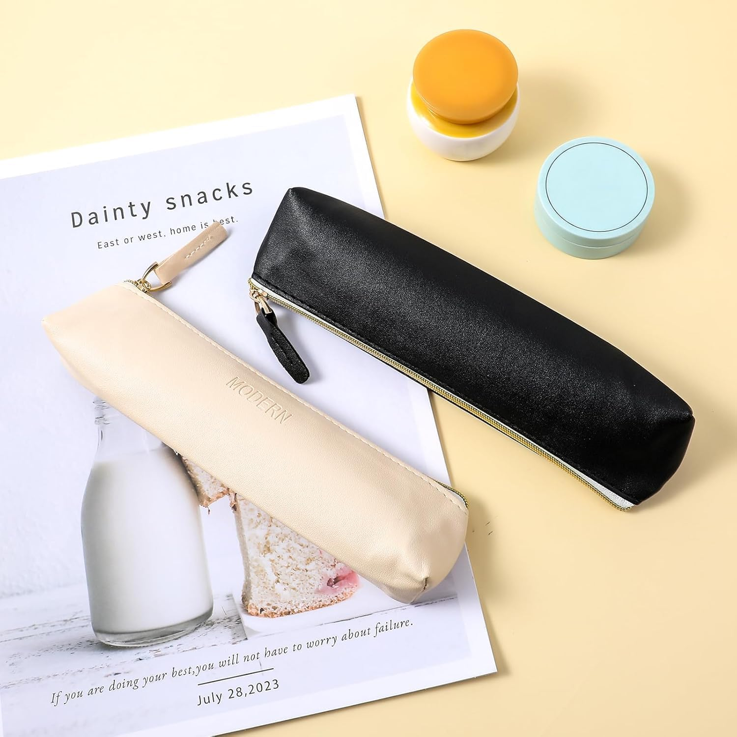 2-Piece Mini Cosmetic Bag for Purse Small Leather Pouch Small Make up Bag with Zipper, Small Leather Pouch for Makeup Storage for Women and Girls in Black and Beige Colors image number 1