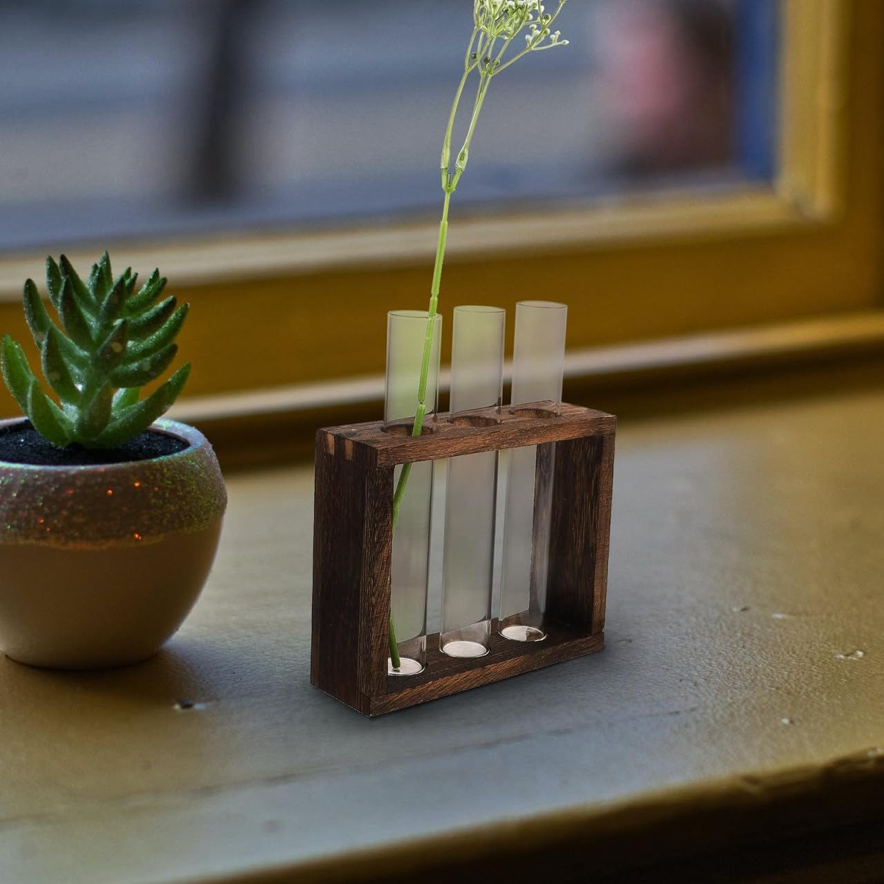 Cabilock Retro Wooden Rack Test Tube Vase for Hydroponic Plants, Glass Propagation Station for Flowers, Desktop Terrarium Decoration for Home, Office, or Restaurant image number 4