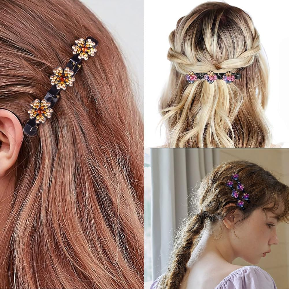 Pack of 4 Women'S Hair Clips, Crystal Hair Clips, Braided Rhinestone Hair Clips, Double Layer Hair Clips with 3 Small Clips for Women and Girls, Daily, Party, Wedding (Colour3)