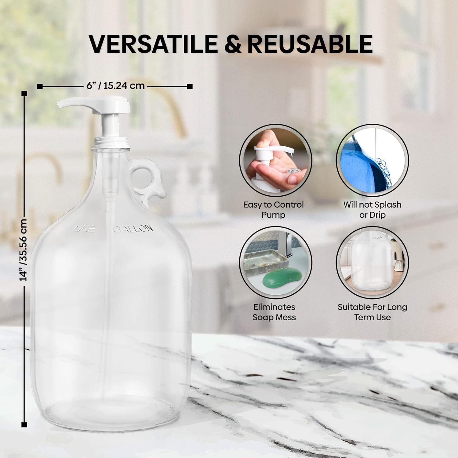 Kitchentoolz Gallon Glass Pump Dispenser Bottle, Large Jug Laundry Liquid Detergent Dispenser with Pump for Laundry Room Organization, Soap, Fabric Softener, Commercial Condiment Dispenser- 128 Oz image number 5