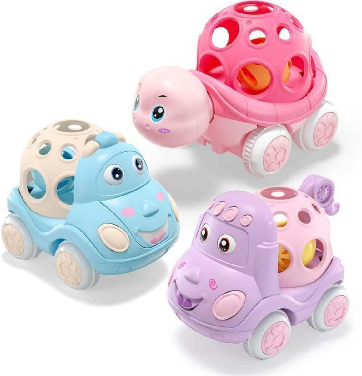 Baby Girl Toy Cars for Toddlers 1-3, Push and Go Rattle Cars for Baby Toy 6-9-12-18 Months, First Birthday Gifts for 1 2 Year Old Girls, Infant Pink Friction Truck Set