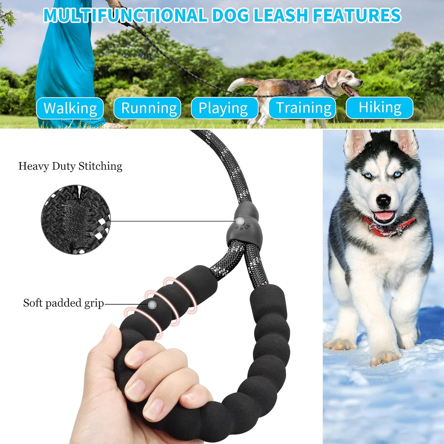 1.2M Non-Slip Lead Dog Leashes with Comfortable Padded Handle, Anti-Choking Rope Dog Non-Slip Leash, Reflective Strong Sturdy Heavy Duty Rope Leash, Dog Training Leash for Medium Large Dogs (Black) image number 2