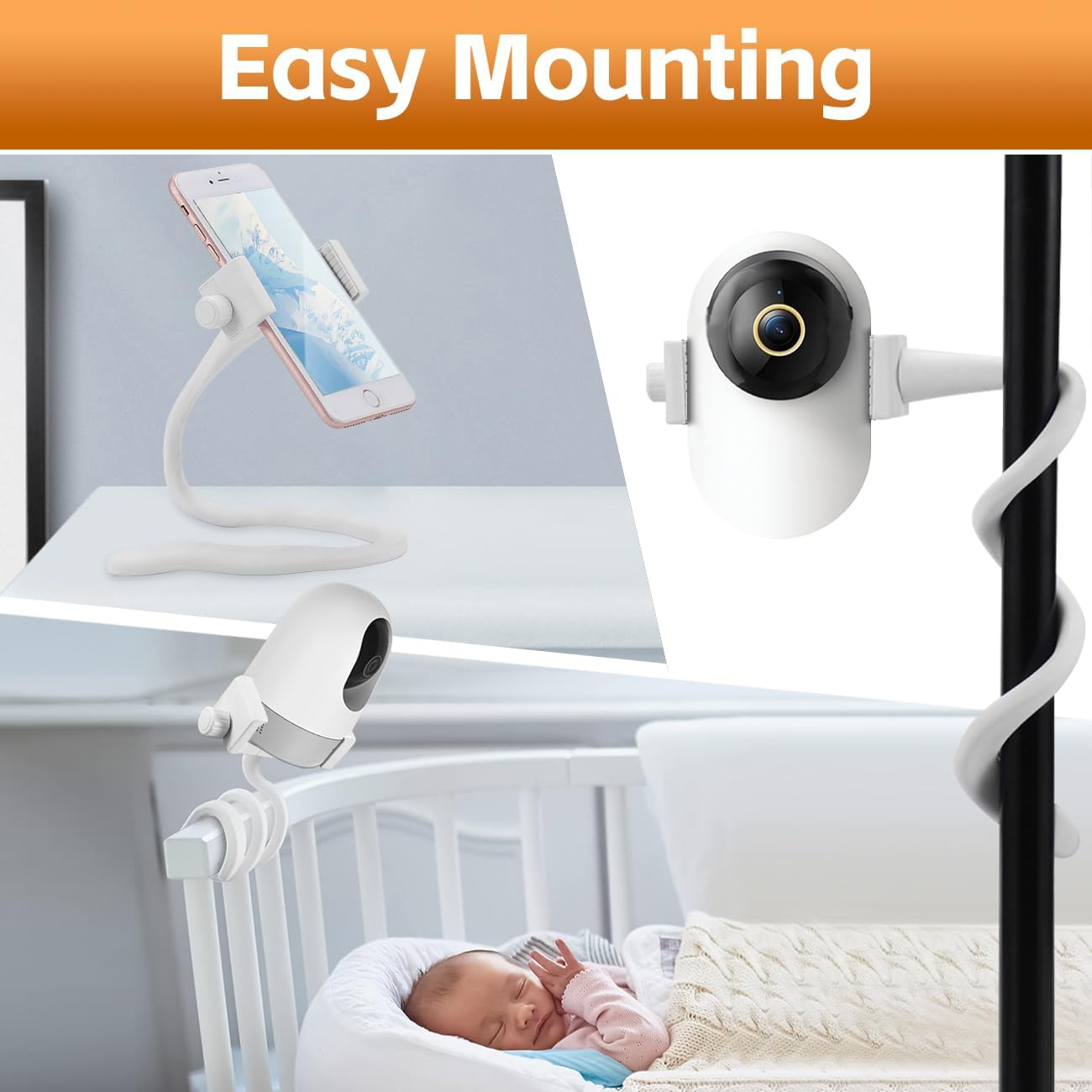 Flexible Baby Monitor Mount-Universal Baby Monitor Holder with 1/4 Screw Twist,No Drilling Crib Camera Stand for Crib Frame or Furniture,Compatible with Arlo/Motorola/Hello Baby/Most Monitor Cameras image number 5