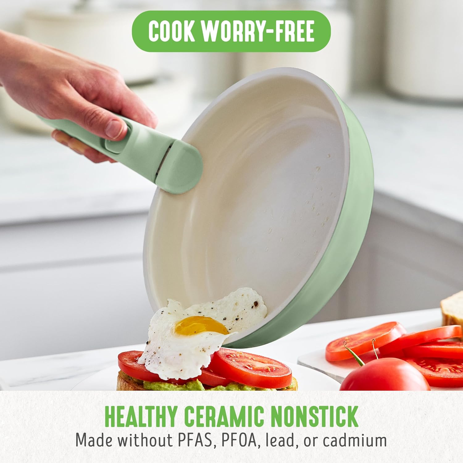 Greenlife Click 10-Piece Ceramic Nonstick Cookware Set, Detachable Handle, Stackable Space Saving Kitchen Essential, Non Toxic Pfas-Free Pots & Pans, Induction & Oven Safe, Glass Lid, Sage Green image number 6