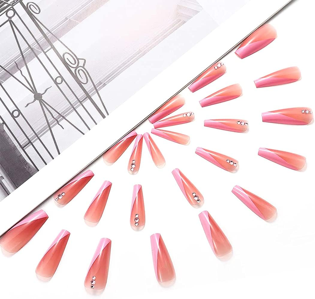Rhinestone Press on Nails 24PCS Extra Long Pink Ballerina False Nails Full Cover Artificial Nails Tips for Women and Teen Girls image number 5