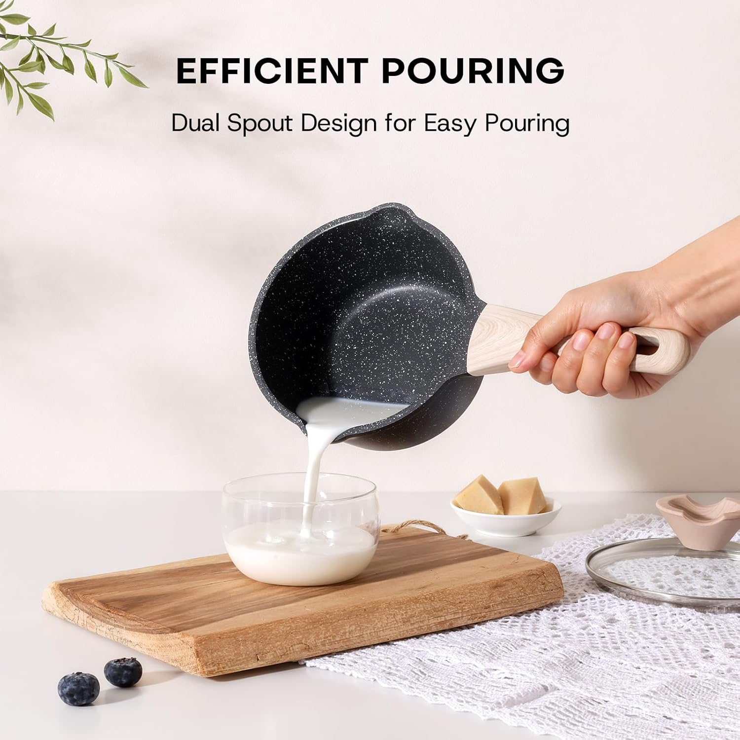 Kordisen Sauce Pan Set with Lid, 1.5Qt & 2.5 Qt Nonstick Cooking Pots with Pour Spout, Easy to Clean, Small Kitchen Induction Saucepan with Granite Coating, PFOA/PFOS Free (Black) image number 3