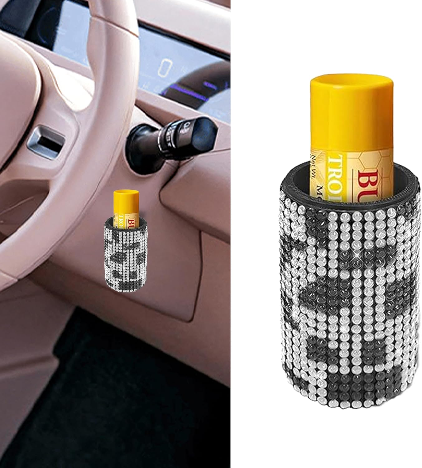 1 Pack Upright Car Chapstick Holder, Bling Lip Balm Holder,Rhinestone Car Interior Accessories for Women ,Suitable for Most Vehicles (Pink)