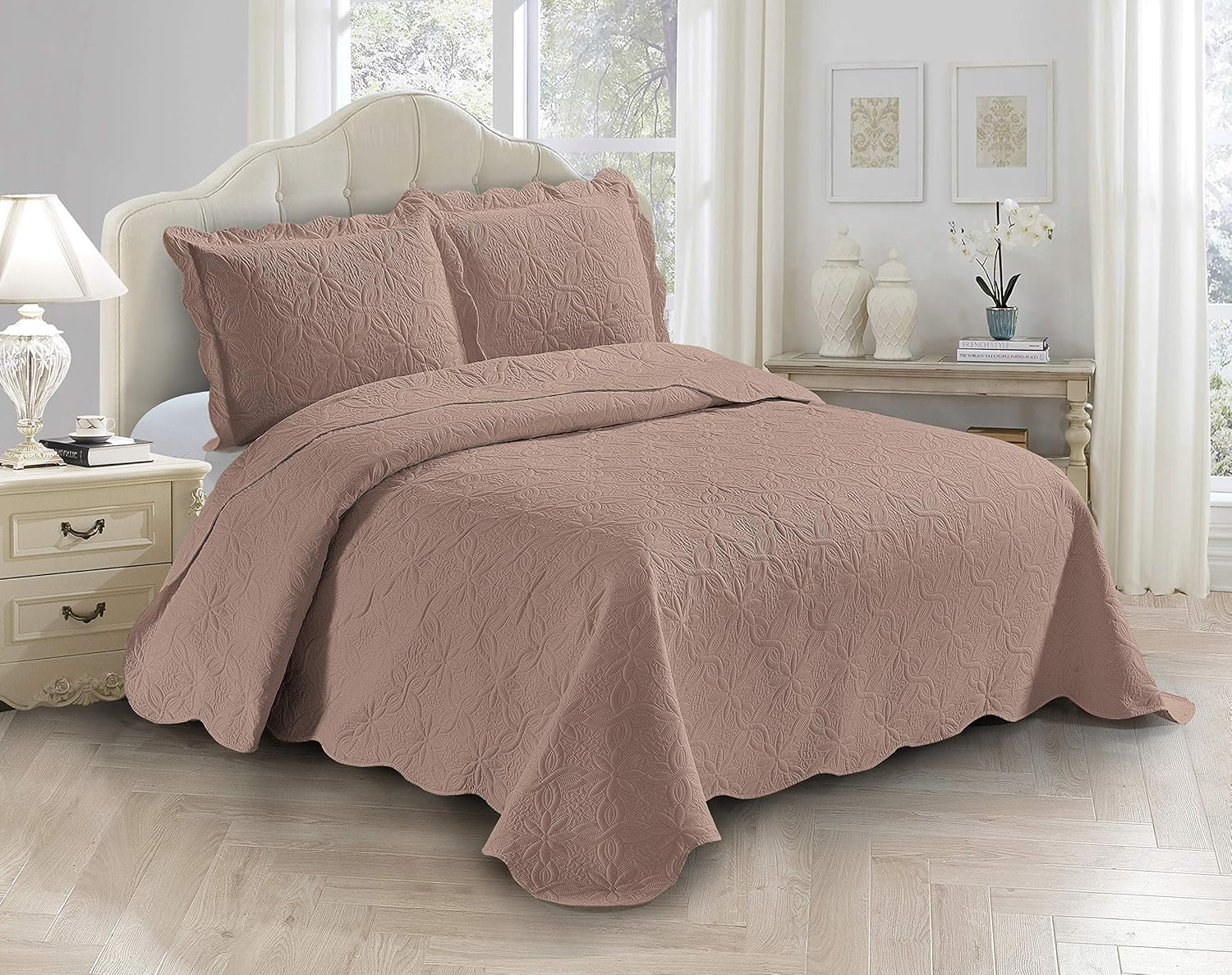 Fancy Linen 3Pc Embossed Coverlet Bedspread Set Oversized Bed Cover Solid Floral Daisy Pattern New # Allis (King/California King, Beige)