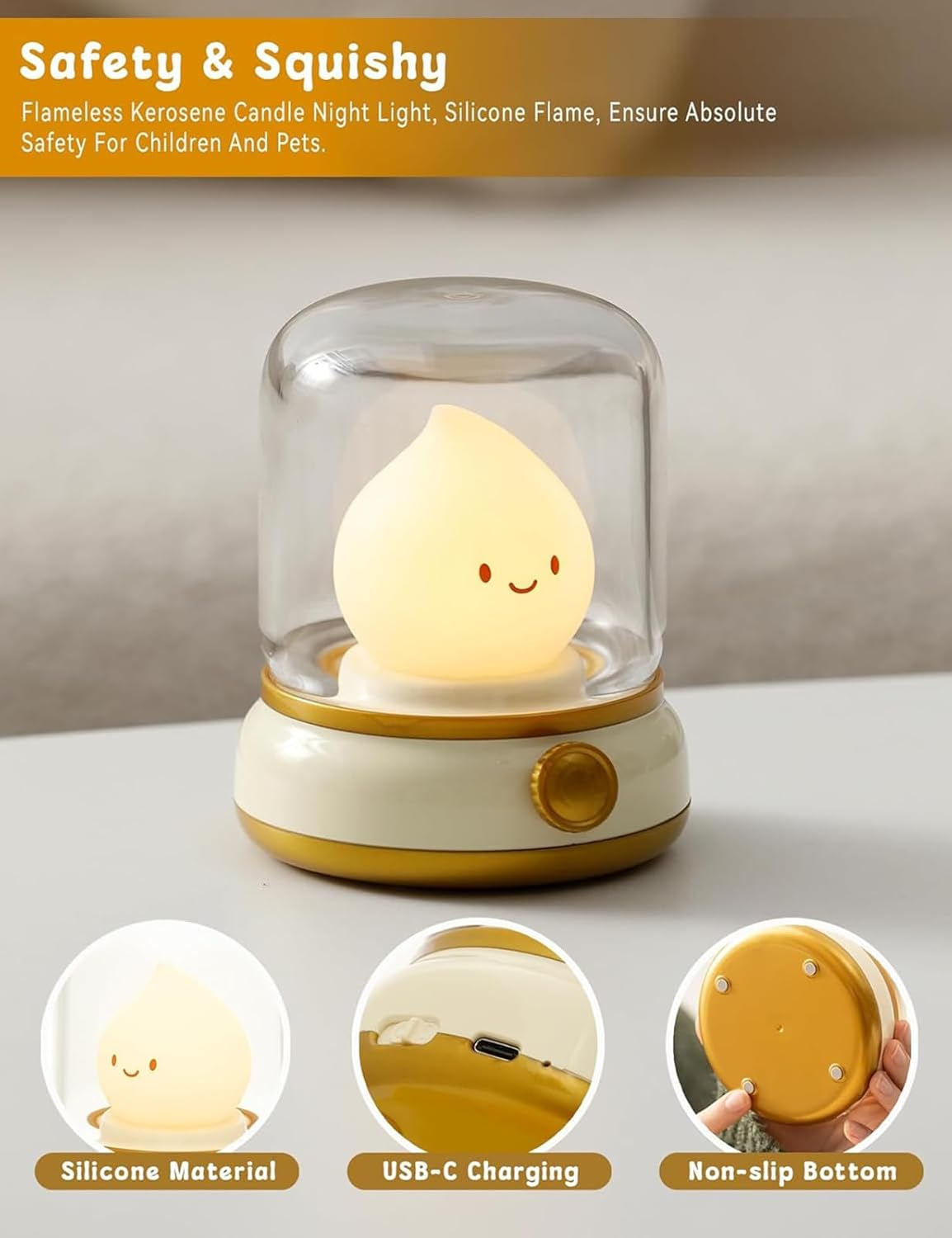 Youker Night Light for Kids Cute Kerosene Lamp Rechargeable Portable Small Light with Timer LED Bedroom Nightstand Light for Children Boy Girl Baby - Yellow image number 3
