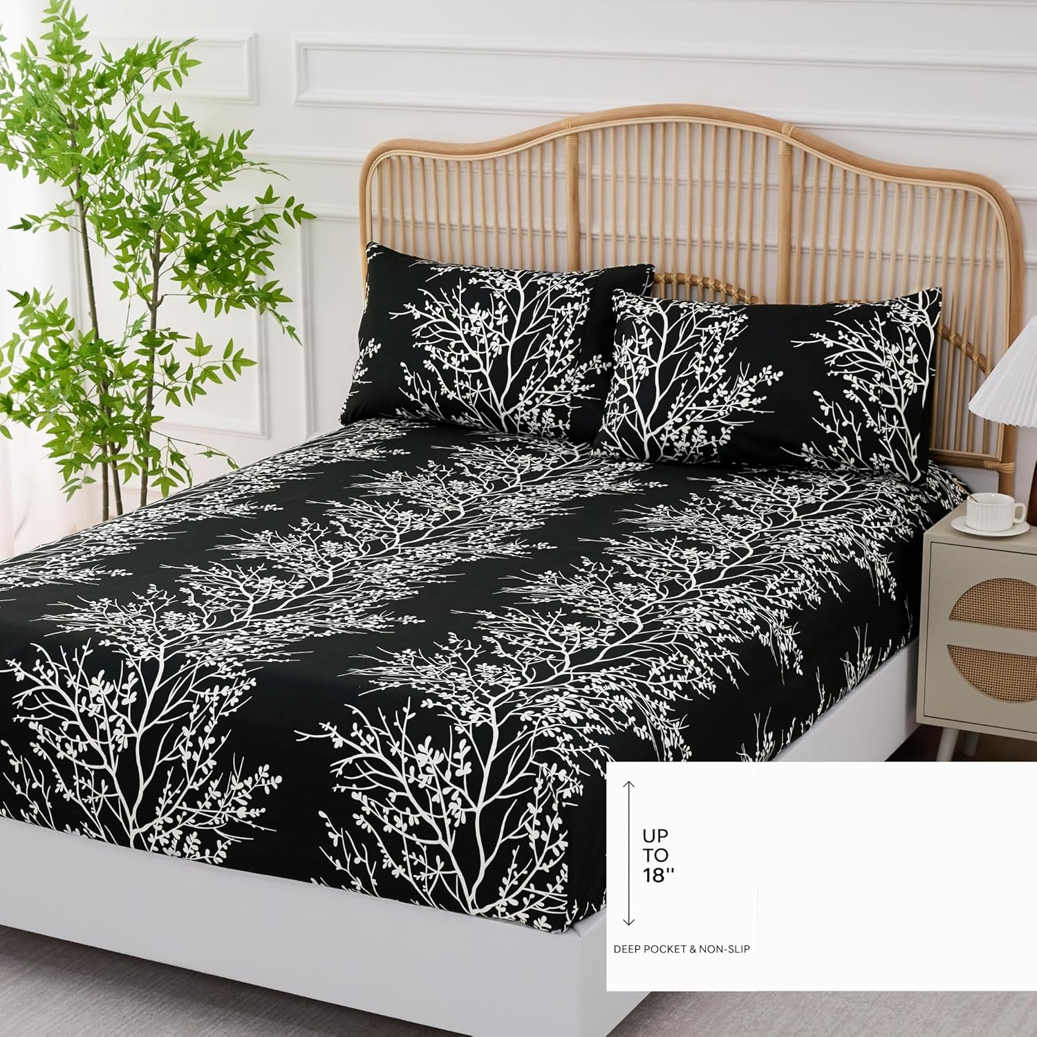 Spirit Linen Home King Size Sheets Set - Pure Microfiber 4 Piece Polyester Bed Sheets, Fitted Sheet & Pillow Cases - King Sheets for All Seasons (Foliage Black/White, King) image number 3