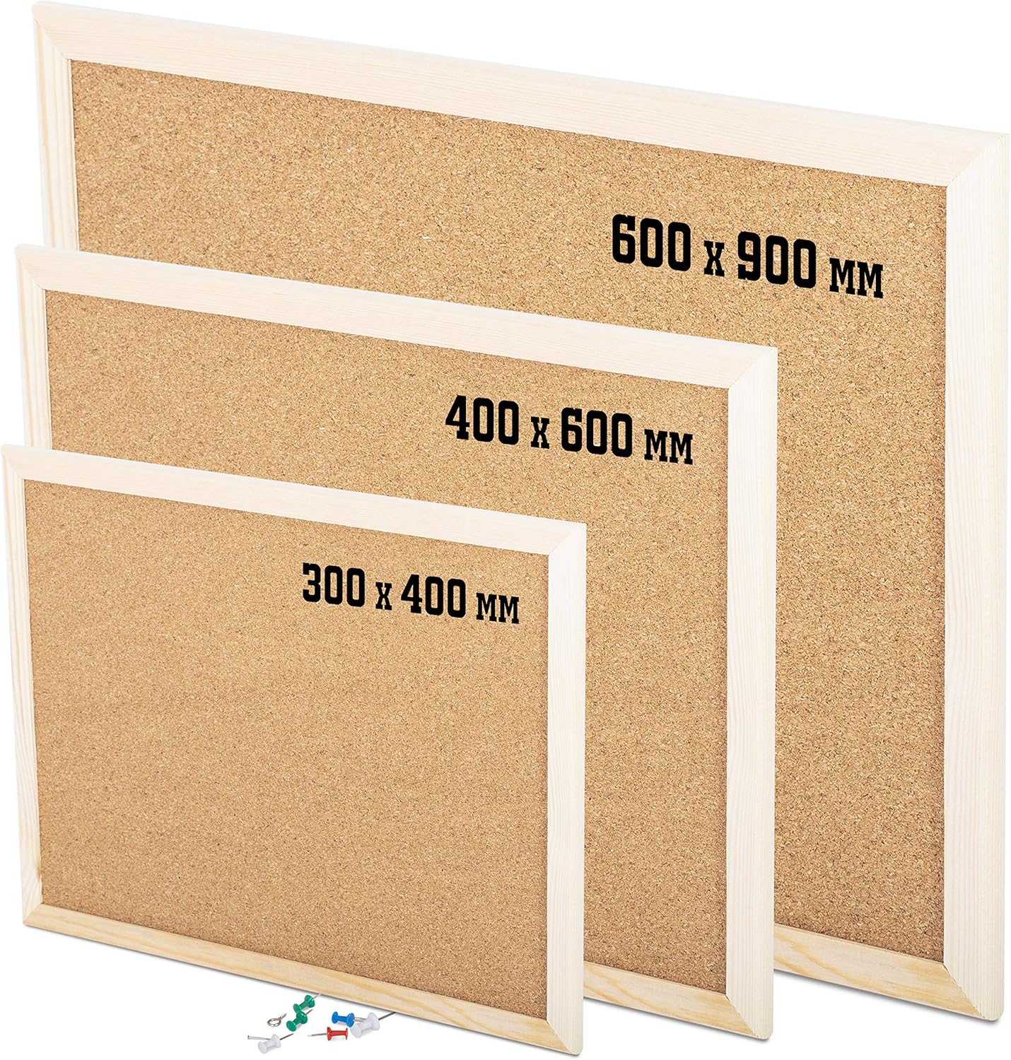 KAV - Cork Notice Office Memo School with 6 Push Pins Classic Wood Natural Frame Board, Brown (Various Sizes to Choose From) (300MM X 400MM)