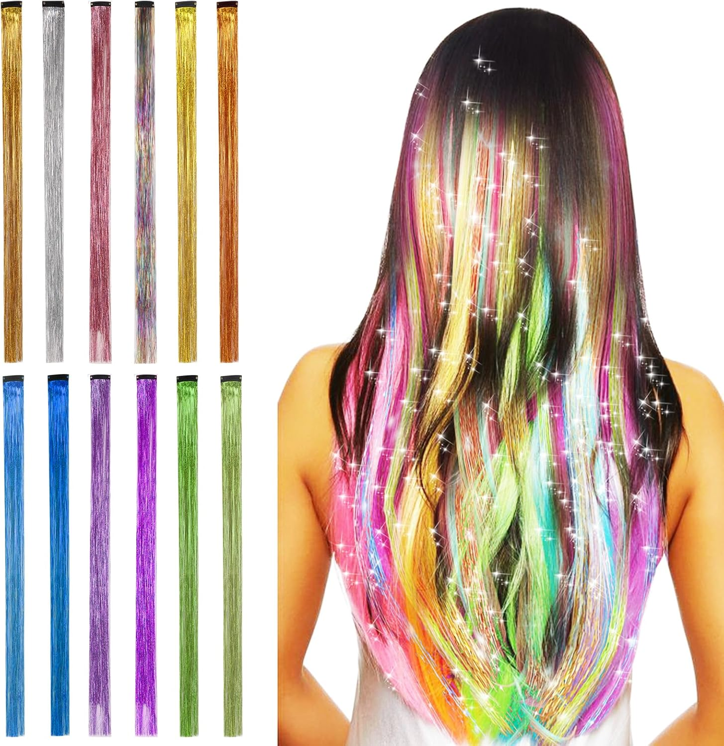 Bighan 12Pcs Hair Tinsel Clip 19.69 Inch Glitter Hair Tinsel Extensions Fairy Hair with Clips for Women Girls Kids, Multi 12 Colors image number 4