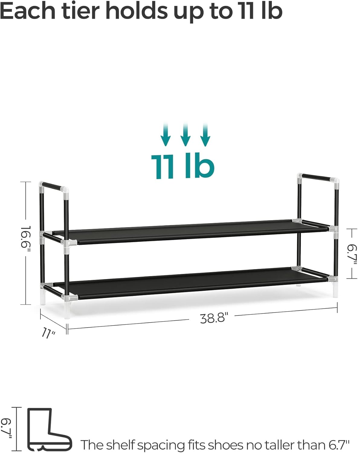 SONGMICS 2-Tier Shoe Rack, Shoe Storage for Hallway Closet, Slim and Space-Saving, Metal Frame, Non-Woven Fabric Shelves, Black ULSH052B01 image number 4
