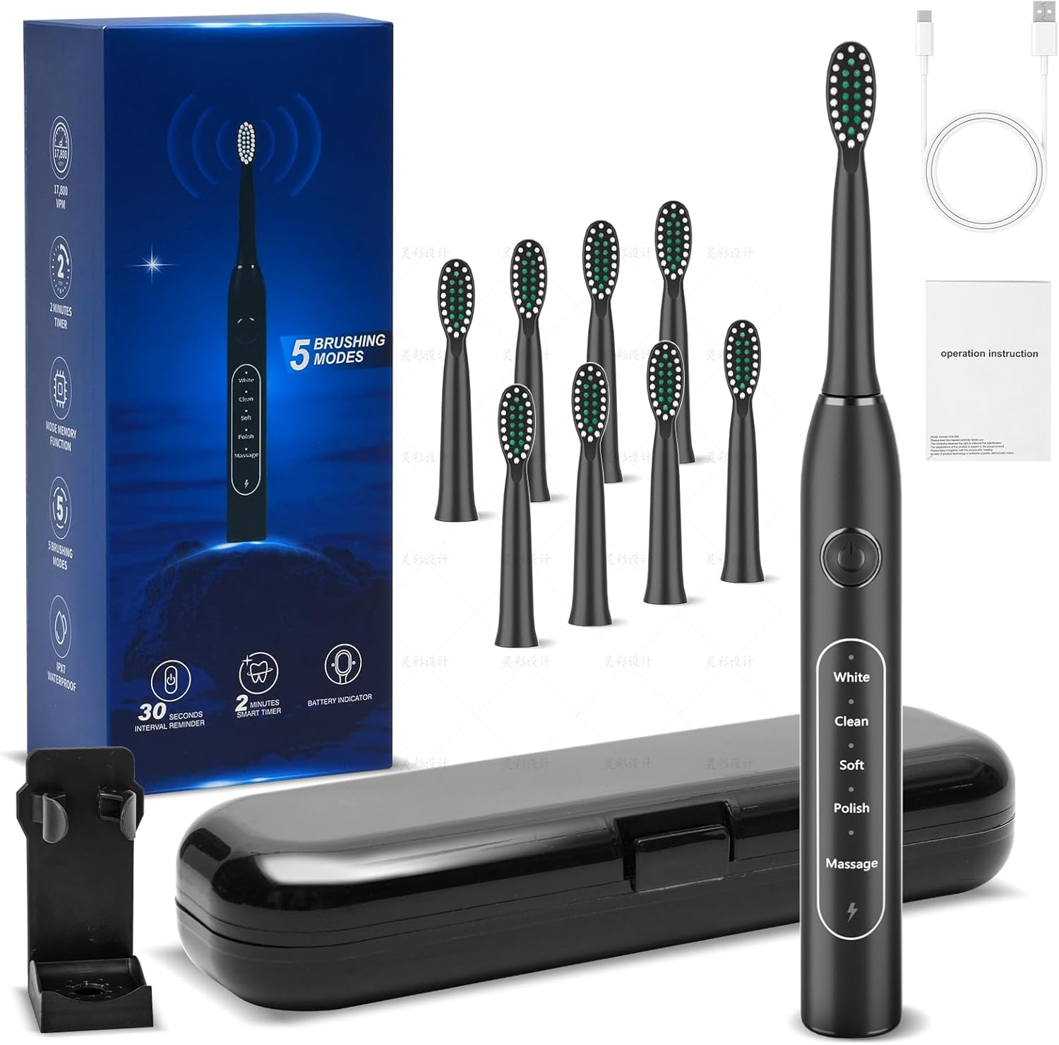 Electric Toothbrush for Adults, Included for Free with 8 Replacement Brush Heads, Travel Bag- 5 Cleaning Modes, IPX7 Waterproof,Rechargeable, with Smart Timer,Black Whitening Powered Toothbrush Set