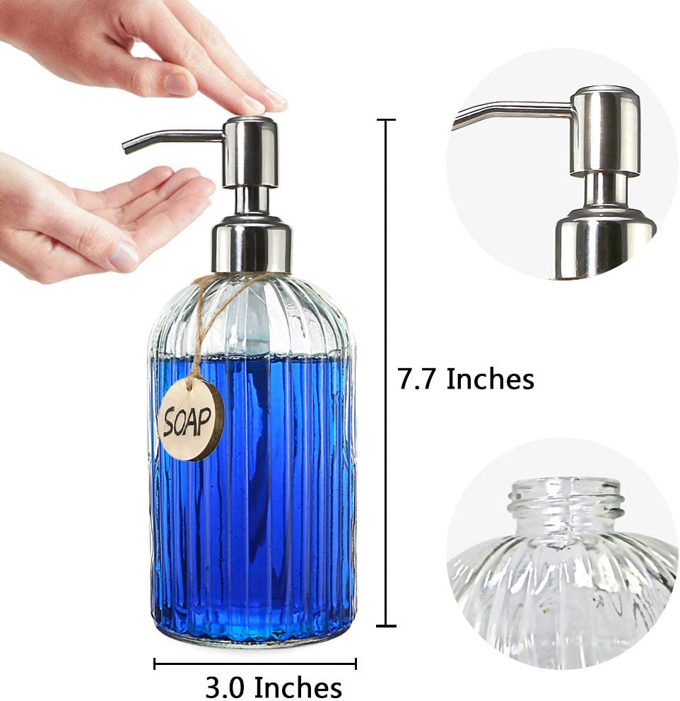 JASAI 18 Oz Clear Glass Soap Dispenser with Rust Proof Stainless Steel Pump, Refillable Liquid Hand Soap Dispenser for Bathroom, Premium Kitchen Soap Dispenser (Clear). image number 4
