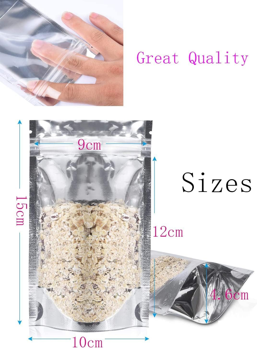 100PCS Reusable Foil Bags for Food Storage, Stand up Resealable Smell Proof Ziplock Bags, Aluminum Foil Packaging Pouches Bag for Cookies, Nuts, Tea, Candy (10X15CM,100PCS) image number 3