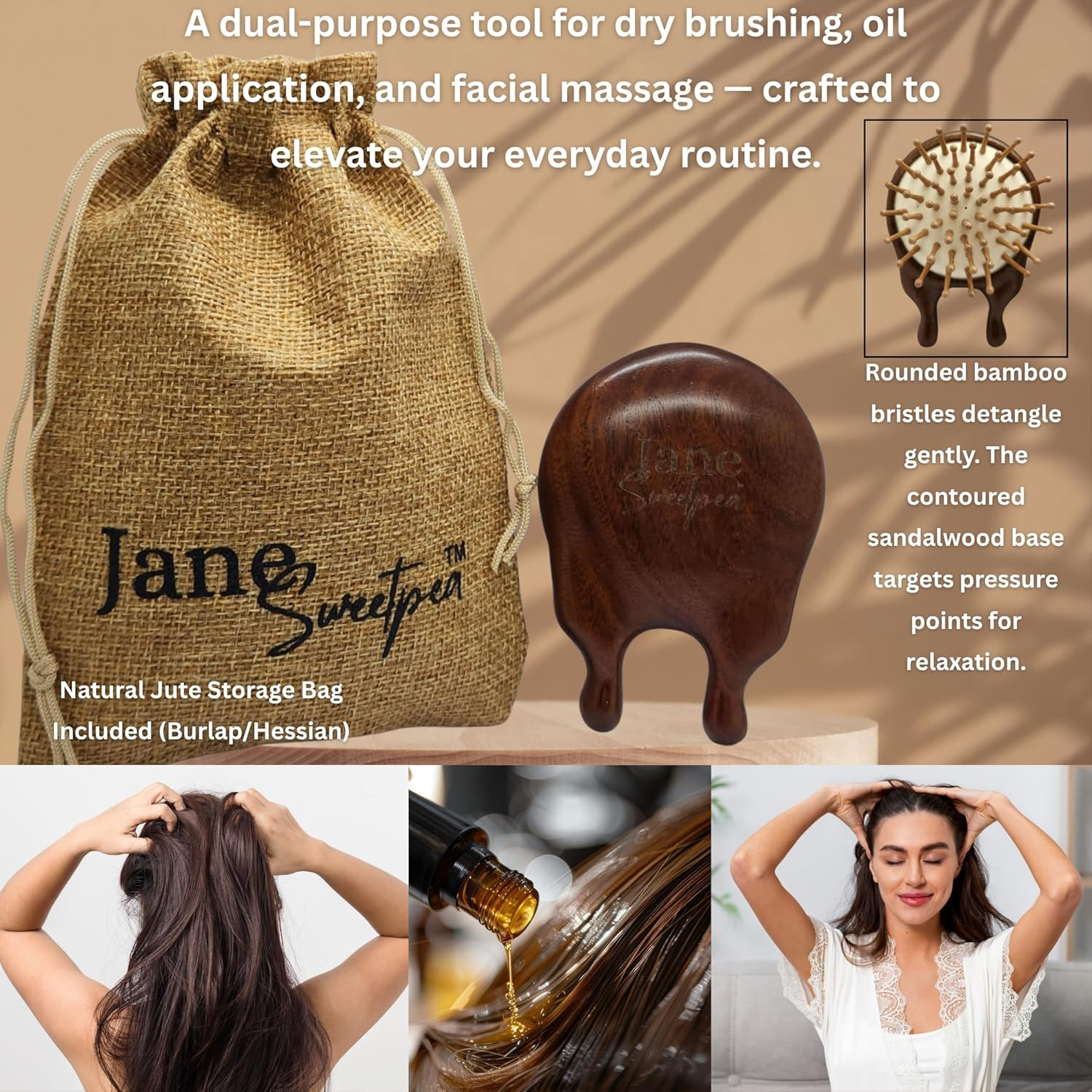 Jane Sweetpea Sandalwood Scalp & Facial Massage Brush with Bamboo Bristles &ndash; Compact Wooden Detangler, Anti-Static, Eco-Friendly, Natural Jute Storage Bag image number 3
