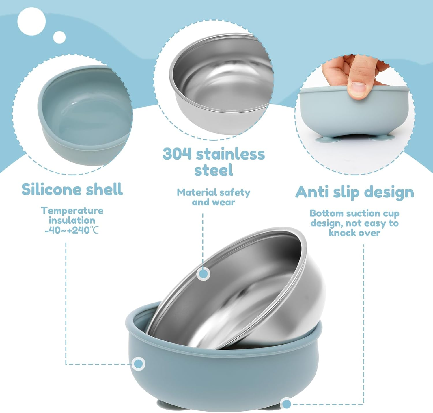 4 Pcs 304 Stainless Steel Baby Bowl with Removable Silicone Shell,Nonslip Baby Food Bowl with Suction for Toddlers 4 Colors Se image number 5