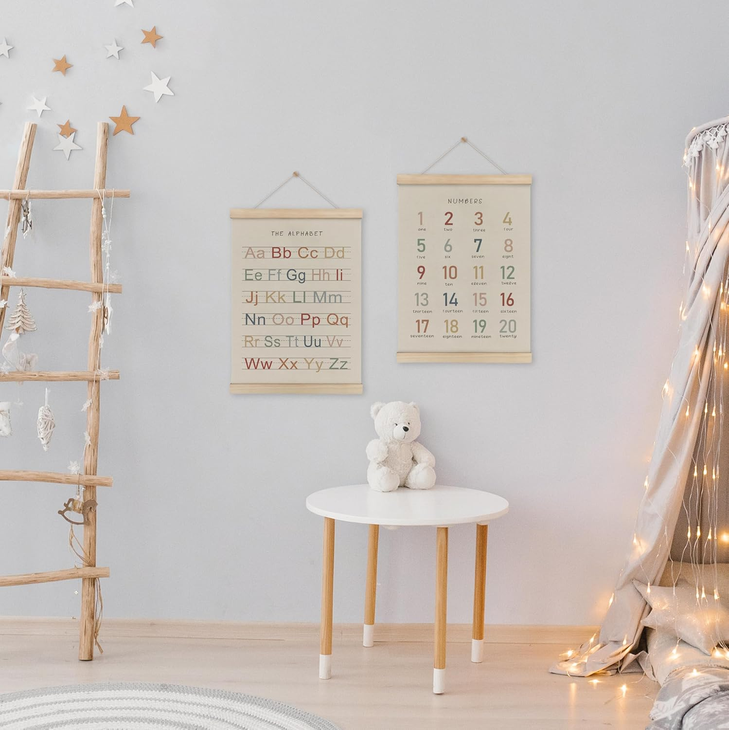 Alphabet Numbers Poster Hanger Frame Set of 2, Nursery Wall Decor, ABC Banner Poster Wall Art with Wooden Frames, Alphabet Banner Wall Hanging Decor for Toddler Playroom Nursery, 12X16 Inch