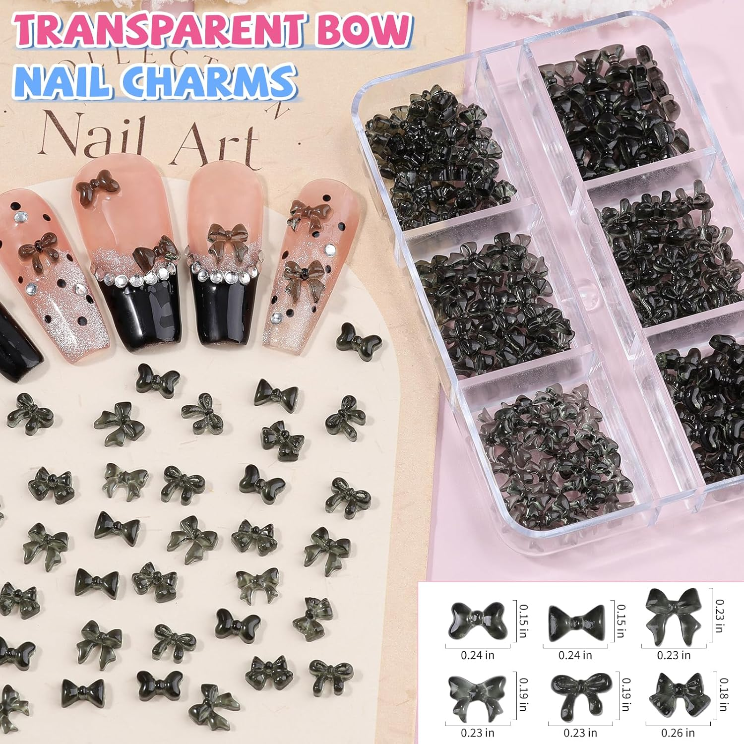 4 Boxes 3D Bow Nail Charms, Black/Silver/Gold Bows Charms Cute Resin Nail Bow Assorted Luxury Metal Bowknots with Pickup Tools for Women Nails Design Crafts DIY - 4B-Black image number 6