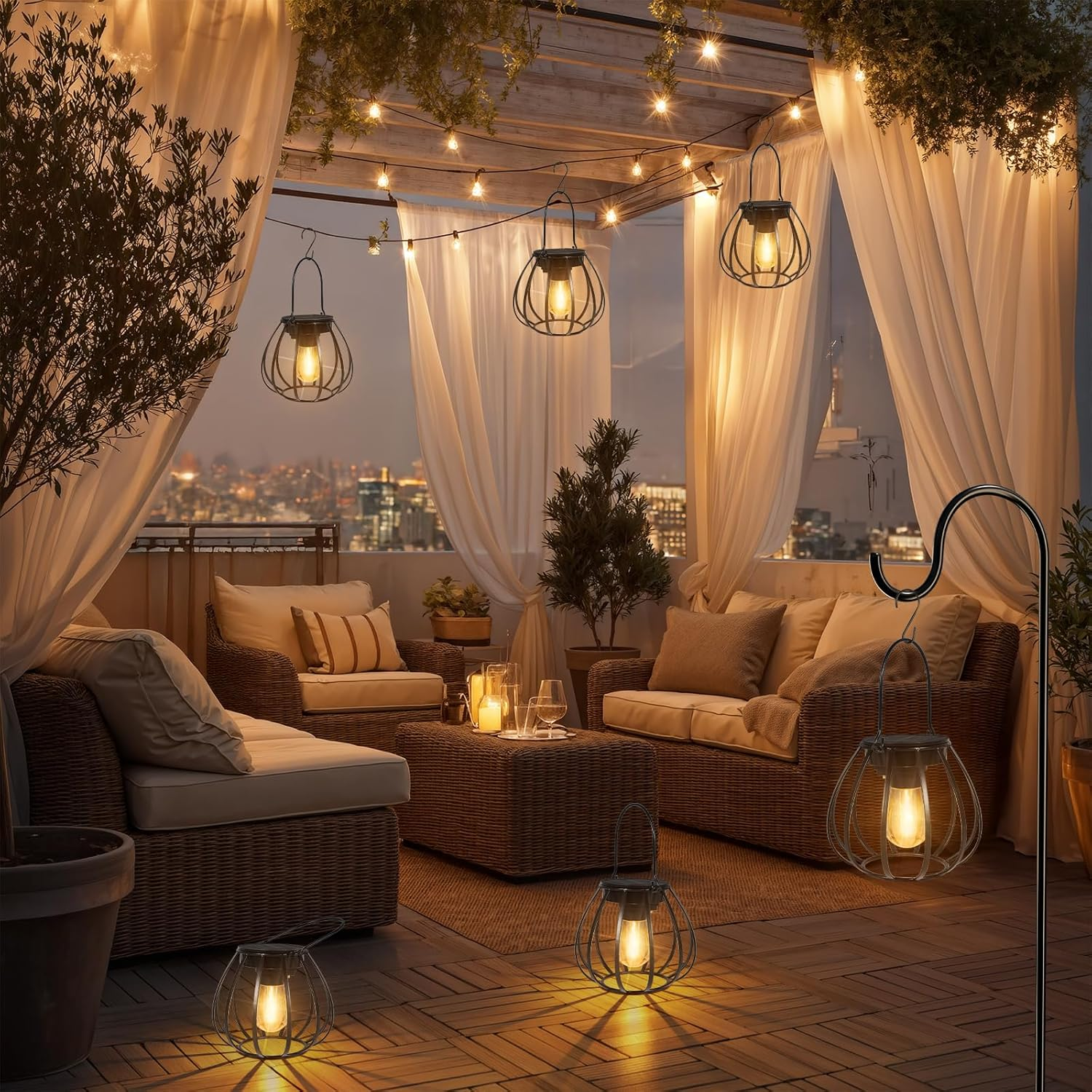 Dehobo Solar Lights for Outdoor Hanging / Standing, Pack of 2 - Solar Lanterns Outdoor Weatherproof - Solar Lanterns with LED Light Bulb Warm White for Garden Decoration, Balcony, Patio Decoration image number 5