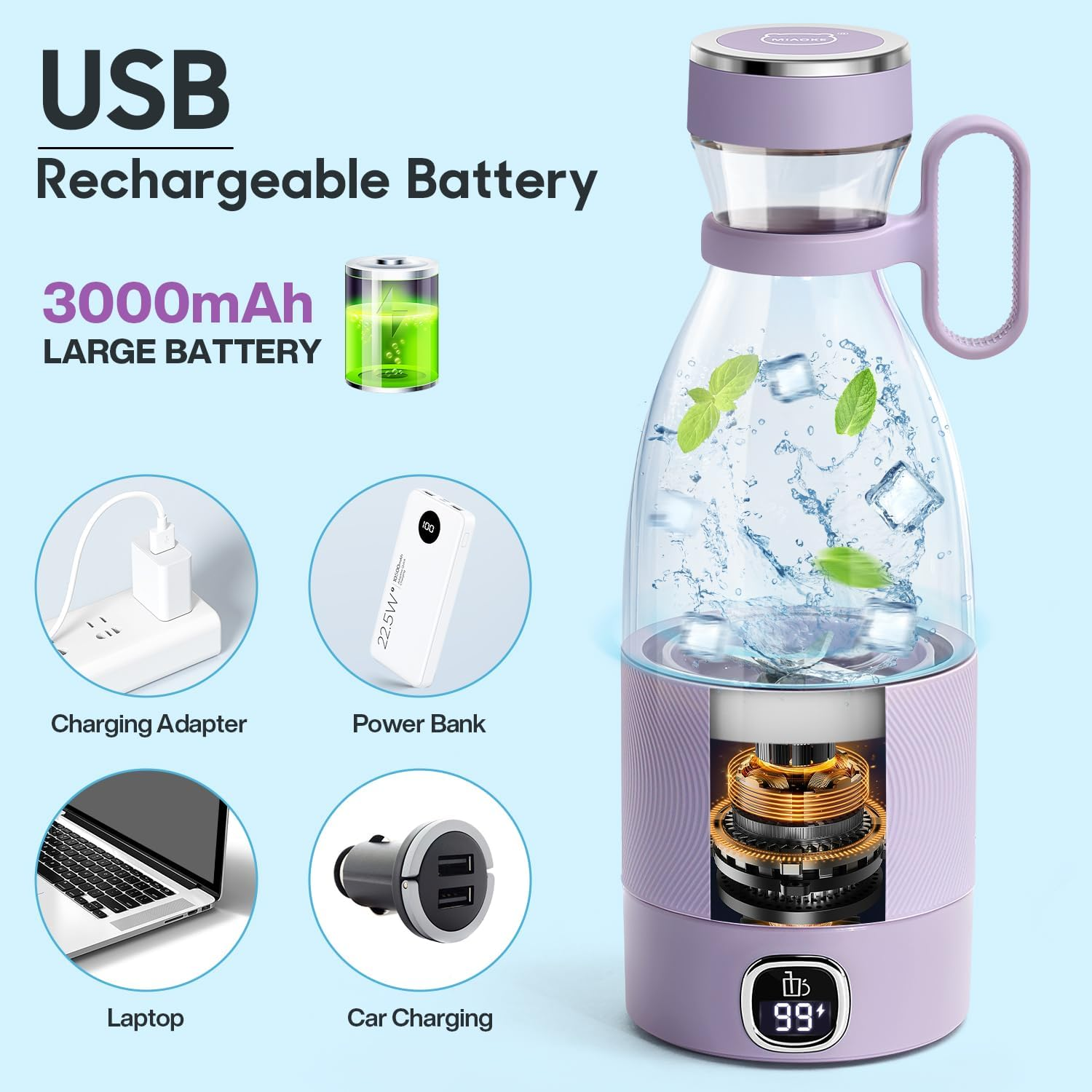 Portable Blender, MIAOKE 6 Blades Juicer Cup for Juice Shakes and Smoothies 350Ml Mini Blender with Led Display Usb Rechargeable,3000Mah Rechargeable Battery, for Home Sports Outdoors Travel-Prple image number 3