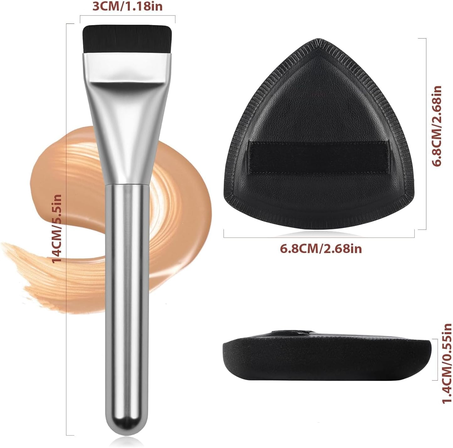 Flat Foundation Brush for Liquid Makeup, with Powder Puff Fast Flawless Flat Top Kabuki Makeup Brushes Face Cosmetics Concealer Brush for Liquid, Blending, Powder, Blush,【 Silver】 image number 5